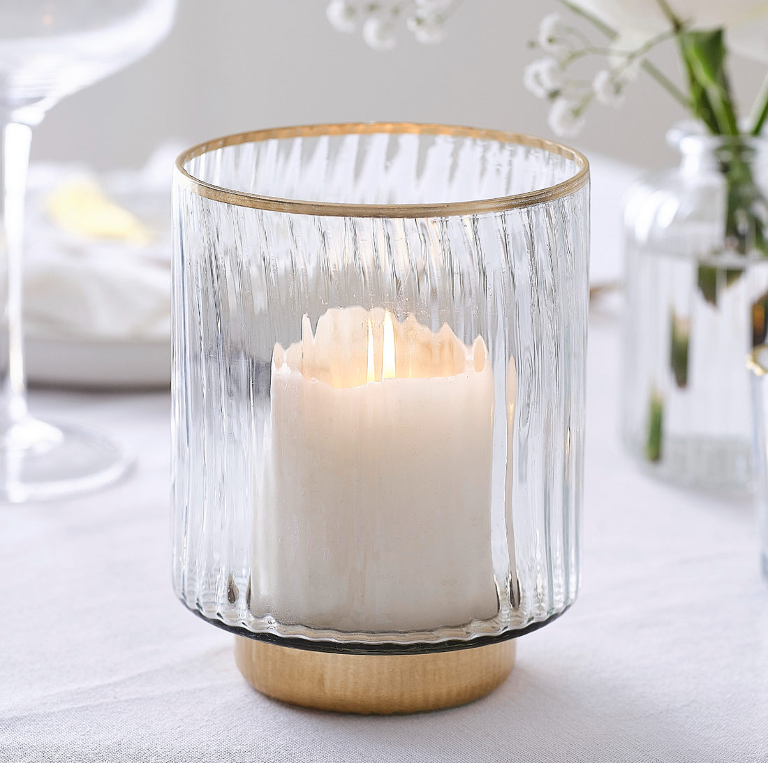 Ribbed Glass Hurricane Candle Holder