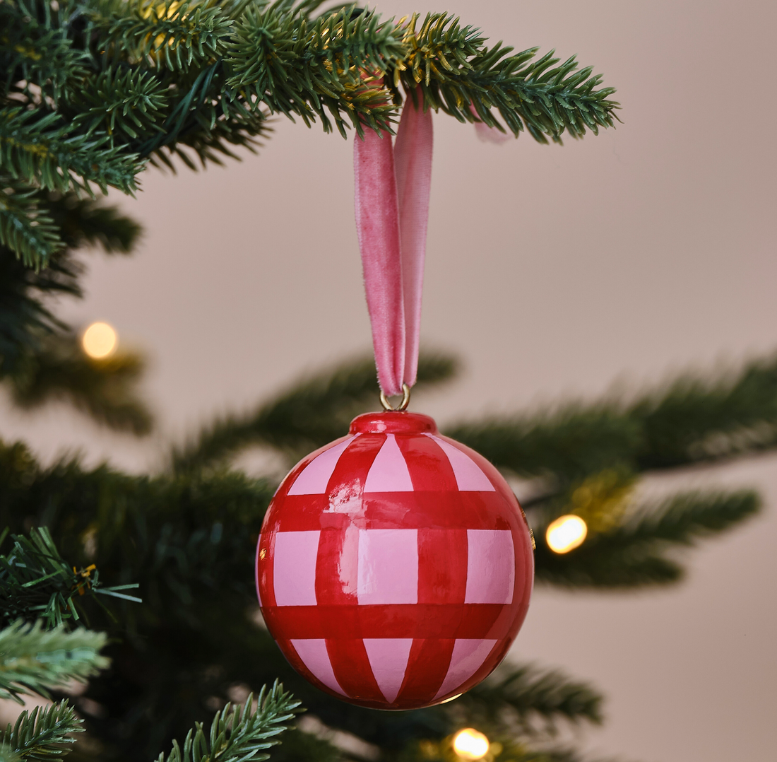 Hand Painted Gingham Christmas Bauble